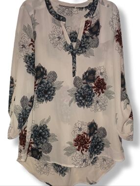 Danielle Rainn Size Medium Hi Low Floral Chiffon V Neck Blouse